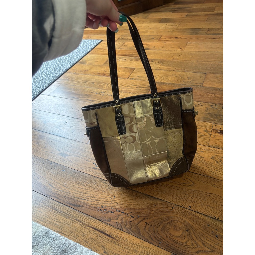 Y2K Coach Patchwork Monogram Tote Bag Brown Gold Leather Suede Kisslock Pockets